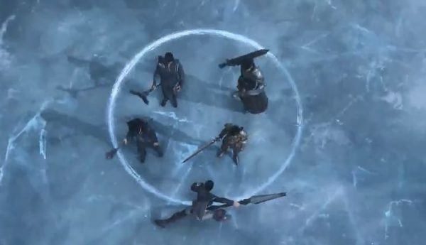 Lord Grim draws a circle in the ice - 'stay in the circle guys'